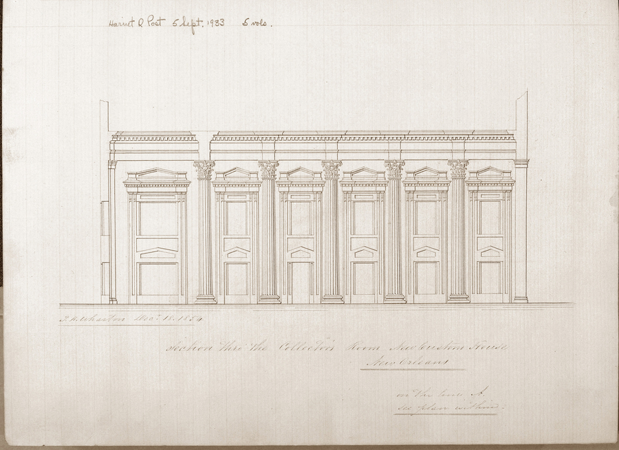 An architectural sketch depicts a section of a large, rectangular government building. The facade is lined with decorative columns and two rows of empty niches. 