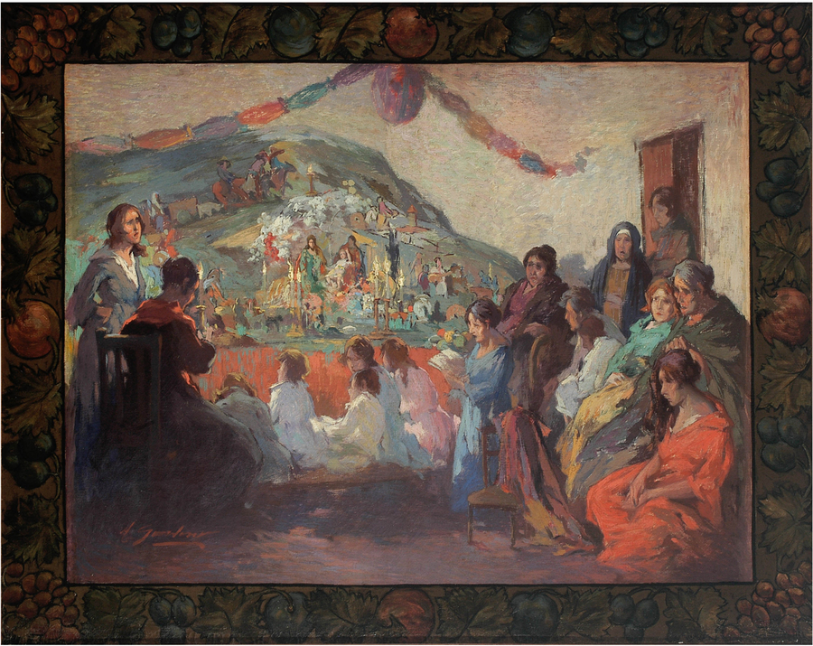 A group of cloaked women and men sit together in the foreground of an oil painting. They look at Mary, Joseph, and the Christ child, who are rendered with impressionistic brushstrokes in the background as if a vision.