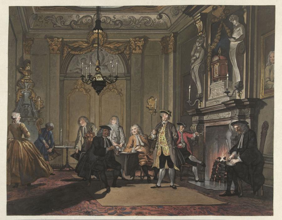 A watercolor and ink drawing depicts a rich candle-lit interior with men seated at a table before a fireplace. They are dressed in fancy seventeenth century waistcoats and white wigs, and they smoke long pipes together. 