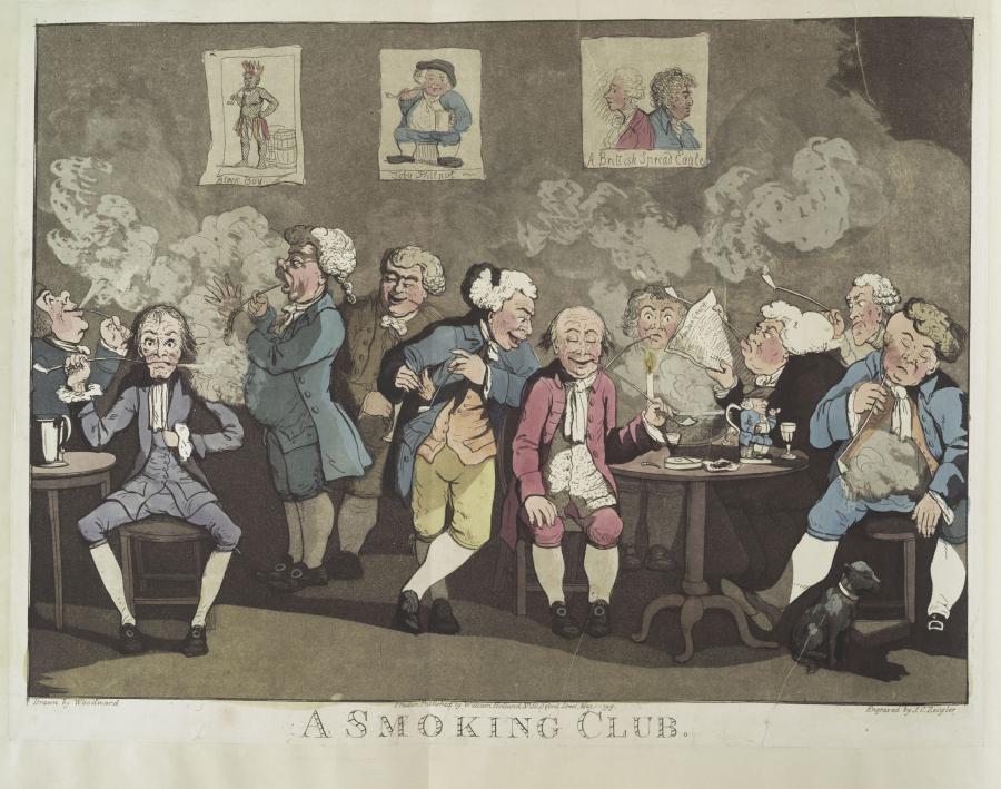 A caricature of a gentlemen's club depicts white men in waistcoats smoking from long pipes. They sit and talk, sleep, and read around small tables surrounded by smoke. Prints up on the club wall include a depiction of an Indigenous or African man smoking.