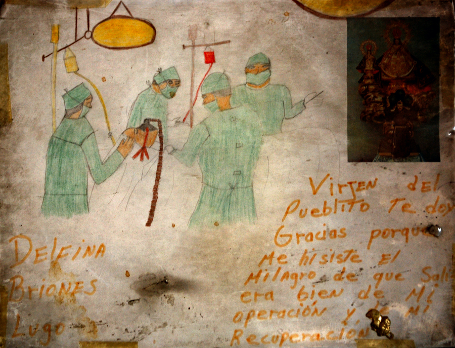 Drawing of surgeons operating on someone, with handwritten text surrounding the image, and a small devotional  image pasted on the same plane