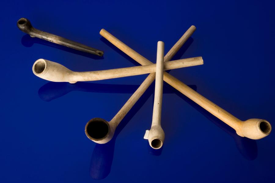 A set of clay tobacco pipes are arrayed on a blue background. The pipes have small thin-walled bowls at the end of their stems.