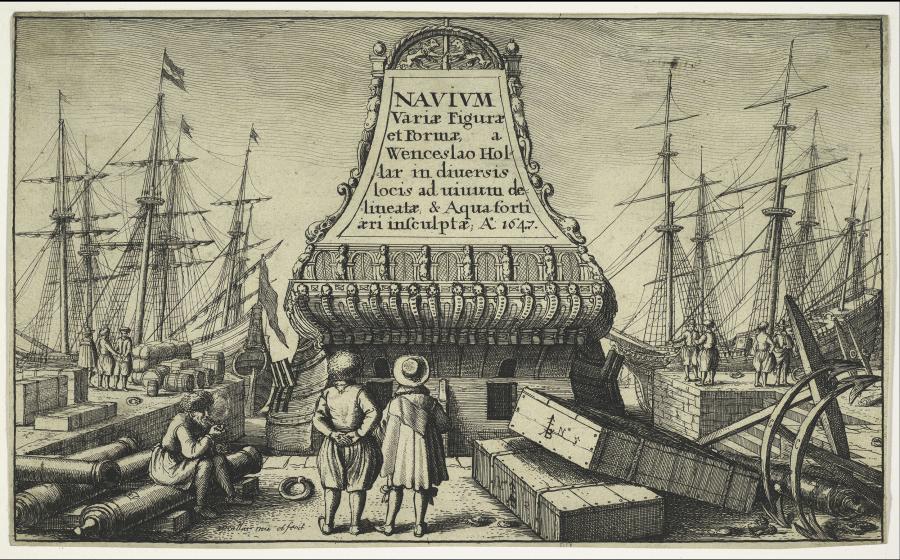 In a print, two men shown from behind look at the stern of a warship docked in the center. Inscribed there is the title for this series of Dutch ship engravings. Off to the left, an old man sits on a barrel smoking.