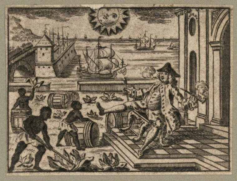 An etching shows a colonial planter lounging outside his home with pipe in hand. Bare-chested African slaves are shown growing, harvesting, and packing barrels of tobacco to ship abroad. Ships sail in the background and a smiling sun rises over the scene.