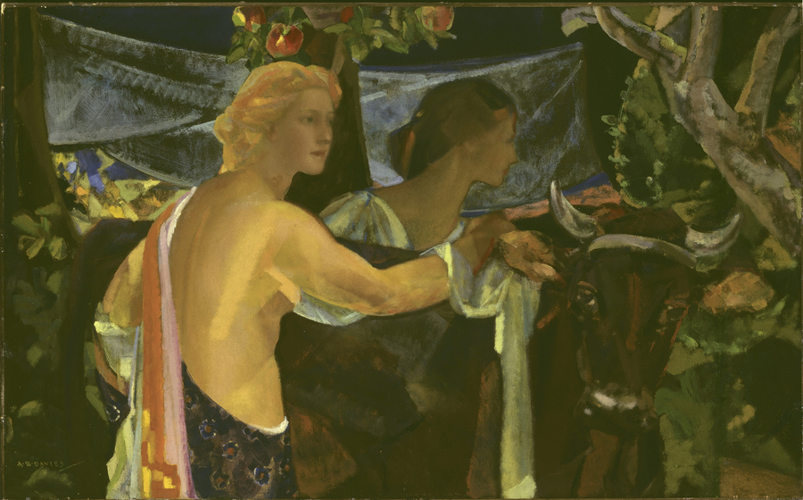 Two half-naked female figures gather around a brown ox in a dark, painterly image. Thick brushstrokes also render fruit-bearing trees in the background.