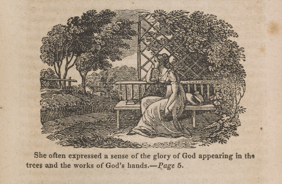 A wood-engraving depicts a woman sitting on a bench staring off into a grassy landscape with a house and trees.