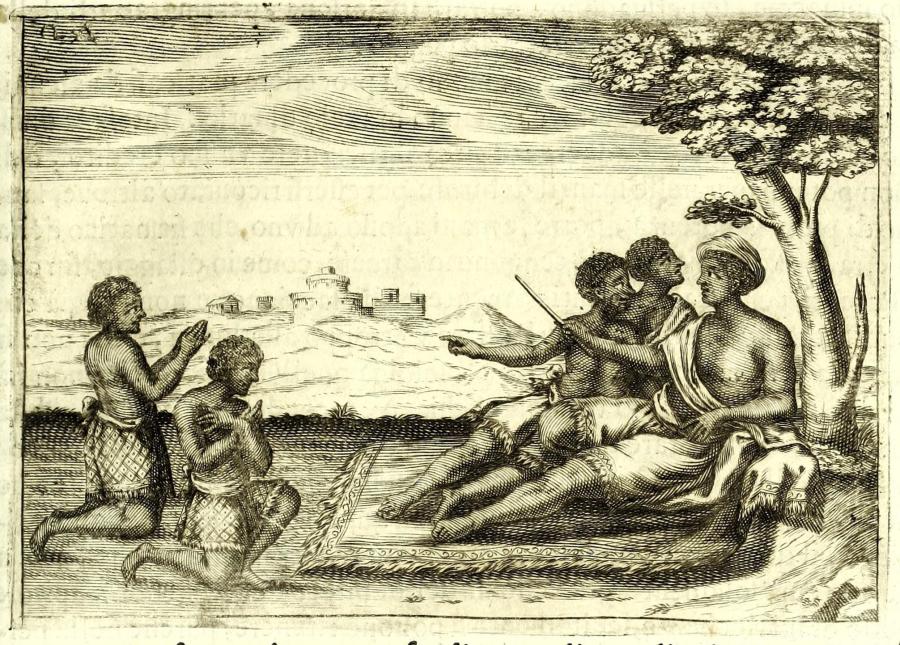 Etching showing captives tied to wooden fence poles