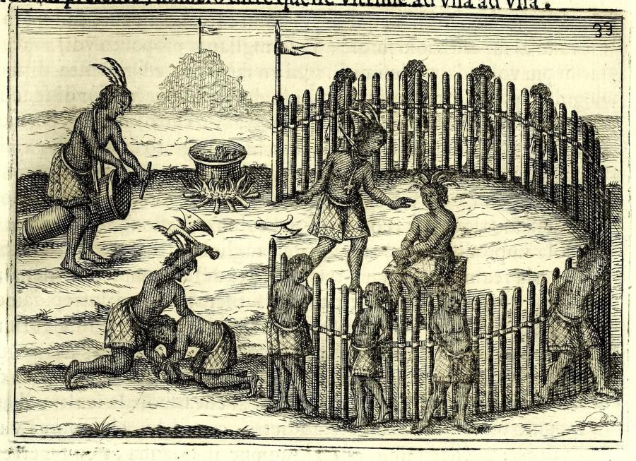 Etching showing captives tied to wooden fence poles