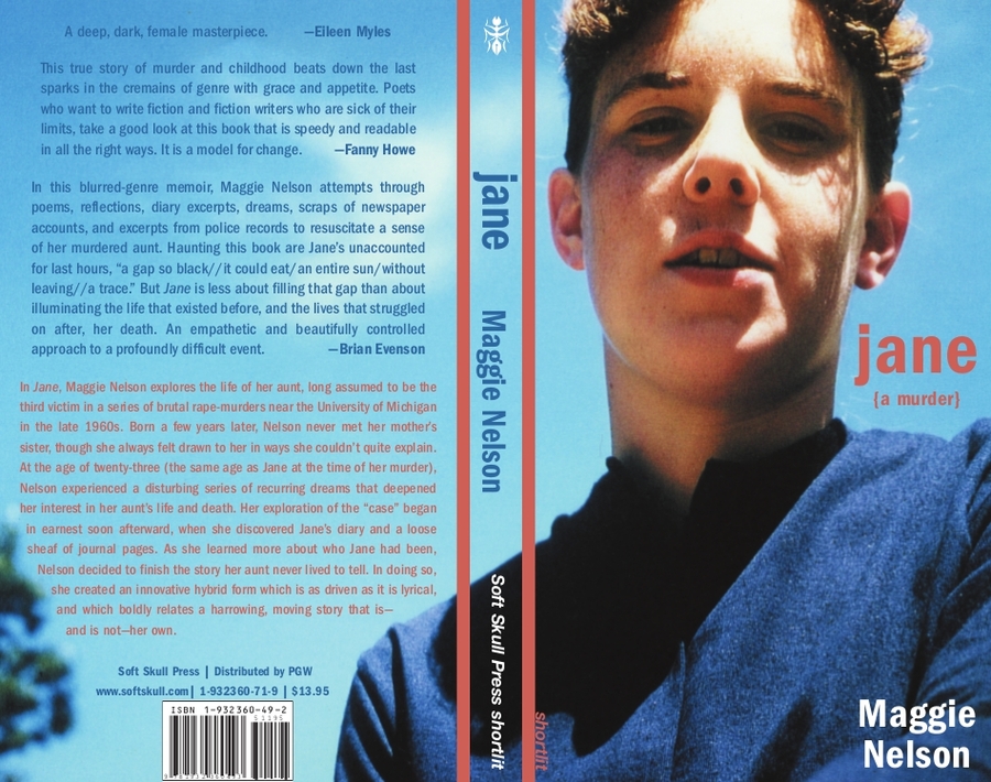 A blue book cover for "jane (a murder)" includes a close-up photo of a light-skinned person in a blue shirt looking out at the viewer. 