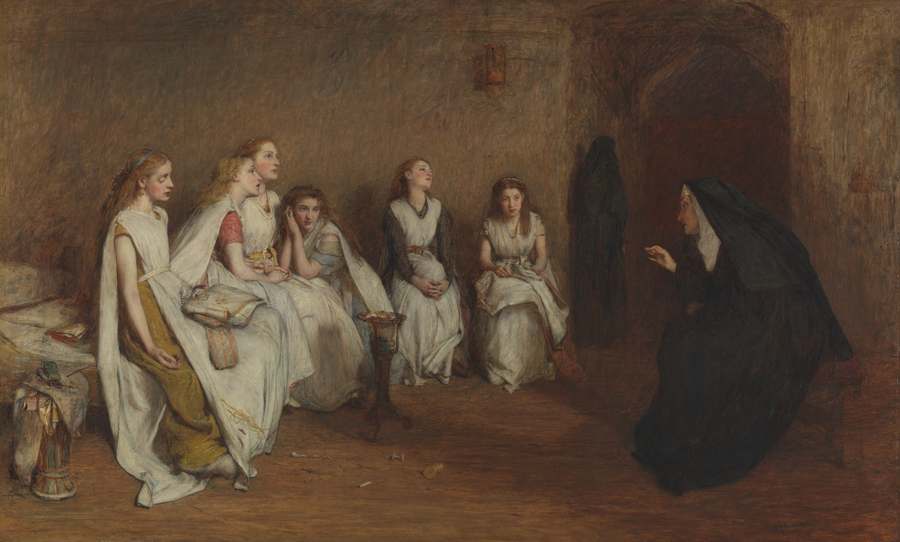 A nun addresses a group of young, white-frocked women sitting in a dimly-lit room. The girls lean on one another and appear bored at the nun's story while another nun stands with her back to the group. She exits a portal on the right of the painting.