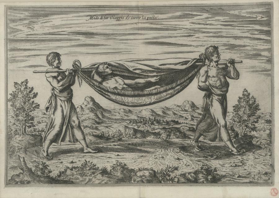 Etching of two men carrying another man in a covered hammock