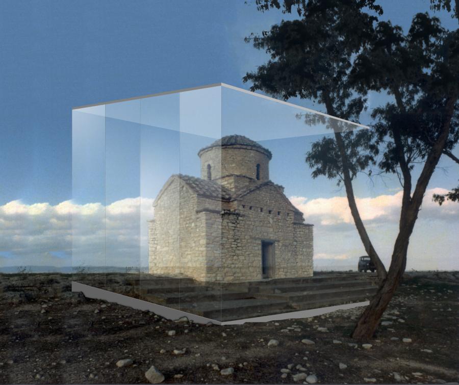A digitally rendered image of a simple stone basilica on a dirt landscape shows the church enclosed by a large, clear cube.