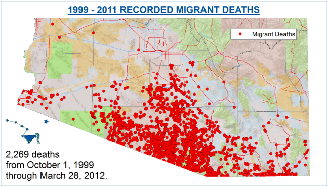 Red dots are clustered on the Tuscon border in a graph labelled, "1999 -2001 Migrant Deaths." A legend marks each dot, "Migrant Deaths." Explanatory text reads, "2,269 from October 1, 1999 through March 28, 2012."