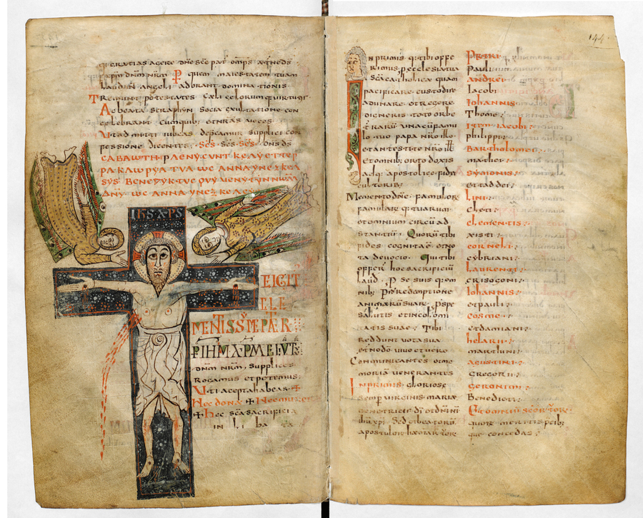A manuscript page with black and red text depicts Christ on a blue, floral cross. A pale, blood-spurting Christ is nailed to the cross. The geometric figure has large open eyes but stiff limbs and drapery. Two angels swoop around the crucifix.