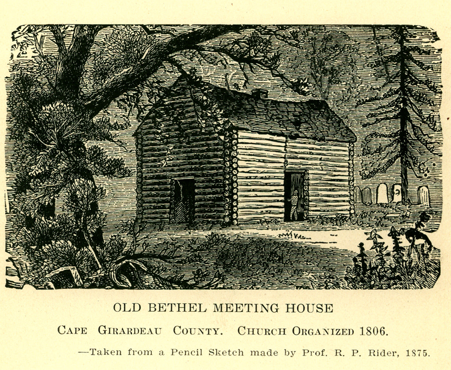 An illustration depicts a meeting house with wooden log siding. It stands in a gathering of trees.