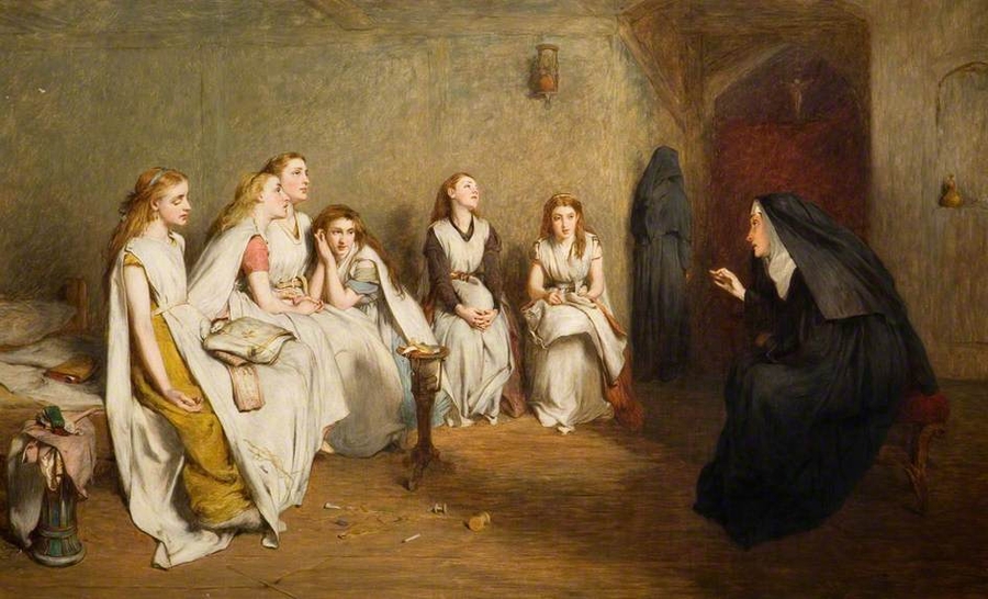 A nun addresses a group of young, white-frocked women in a light, bright painting. The bored girls sit and listen to the nun's story.  Another nun exits a well-lit portal hung with a crucifix.