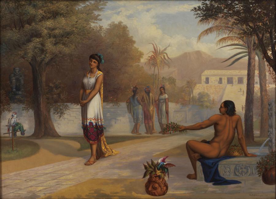 This painting depicts an idealized vision of Aztec life set in a manicured garden setting. The placid scene consists of a tan-skinned woman in a white tunic with a yellow cape strolling past a nude man on a bench. He reclines back and offers her flowers.