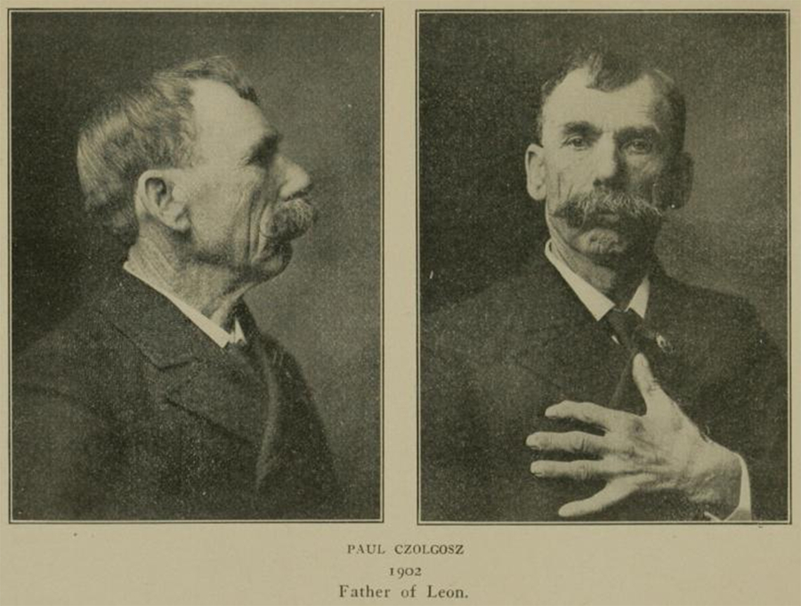Profile and frontal views of an older, mustached light-skinned man are side-by-side in a sepia document. In the frontal view, the man places his left hand over his chest. He wears a button on his jacket.