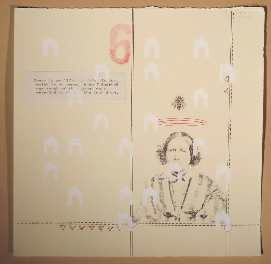 A collage on paper devoted to Presendia Lathrop Huntington mixes a photo transfer of her portrait with stamped icons of houses, bees, and the number 6. A slip of type-written paper is also included. It records a quote from Emma. 
