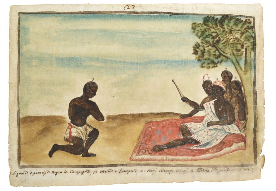 Watercolour of a funeral ceremony involving holding hands in a circle around the corpse