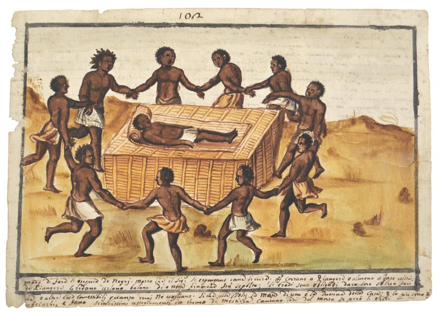 Watercolour of a funeral ceremony involving holding hands in a circle around the corpse