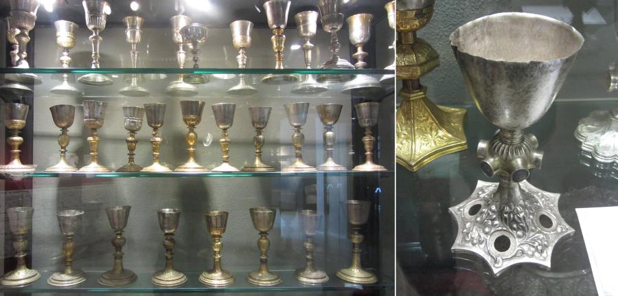 A composite image shows a glass cabinet with shelves of silver chalices beside one chalice in detail. This chalice has a round node at the middle with six stamped protrusions. The base of the cup is star-shaped and decorated with a leaf pattern.