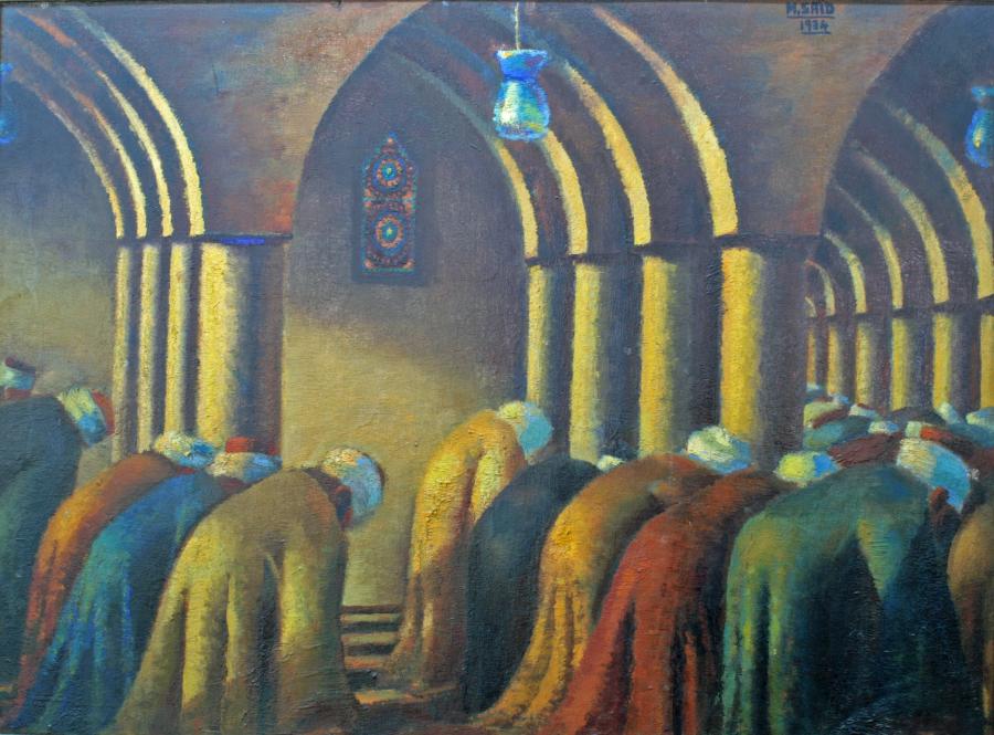 In a hazy painting, robed figures kneel in rows within a dimly lit space. The interior includes repeating arches and hanging blue lamps.