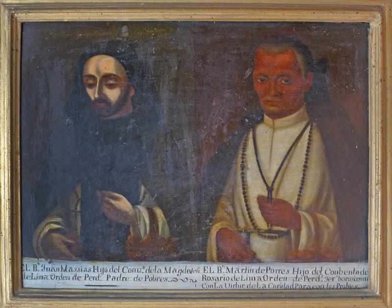 A light-skinned man and a dark-skinned man share a solemn gesture in this painting. They grip pectoral vestment cords in their left hand and slightly raise their right. The dark-skinned man stares out at the viewer, while the other casts his eyes down.