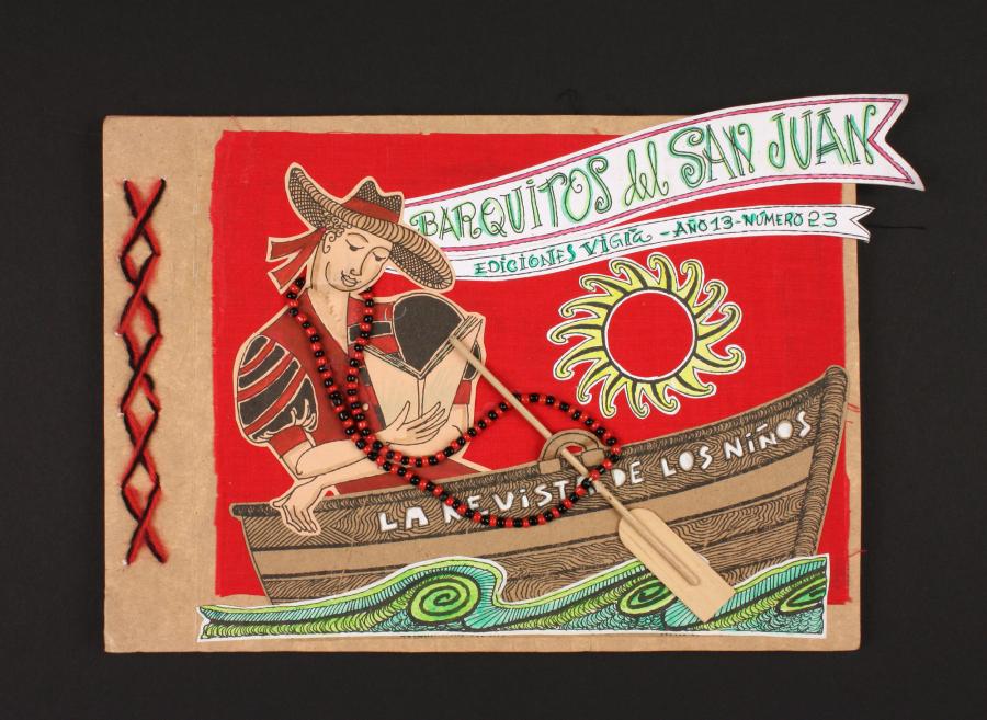 The homemade cover of a book depicts a young man reclining in a row boat as he reads a book. The background of the watercolor and ink illustration is a deep red. A set of red and black beads are affixed to the flat image as a necklace on the man's neck.