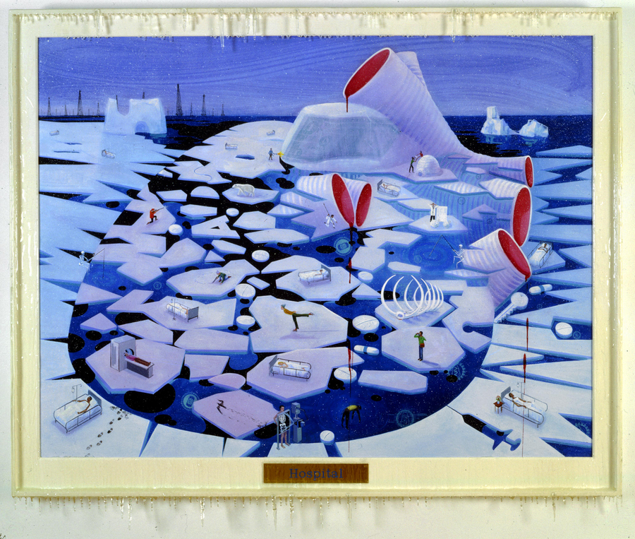 A surreal painting depicts a frozen body of water splintered into ice sheets. Each is a platform for figures who skate, receive x-rays, or lie in hospital beds. Humanoid shapes in the background are sliced and dripping blood. Pills float among the water.