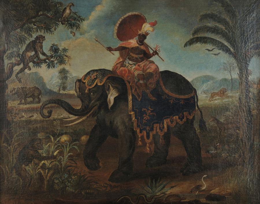 Oil painting of a crowned man sitting atop an elephant in regalia, in front of a background of a jungle with animals.