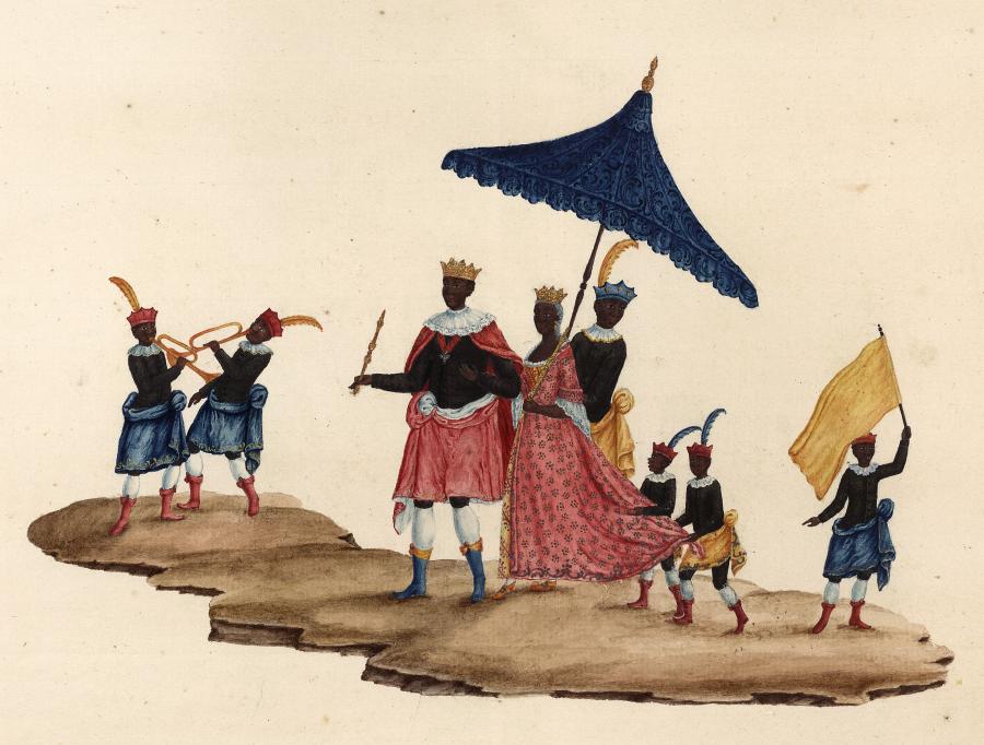 Two crowned figures with dark skin, under a parasol, surrounded by a group of children with dark skin holding flags and trumpets.