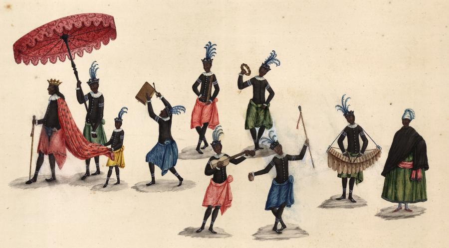 A crowned figure under a parasol is surrounded by other figures dancing and holding musical instruments.