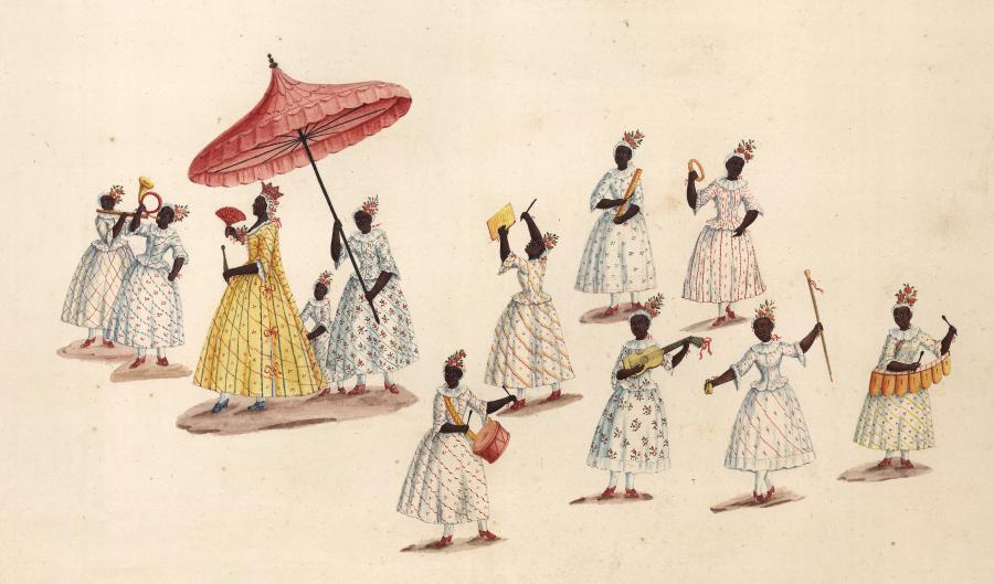 A crowned figure in a yellow dress under a parasol is surrounded by other figures in light colored dresses playing musical instruments.