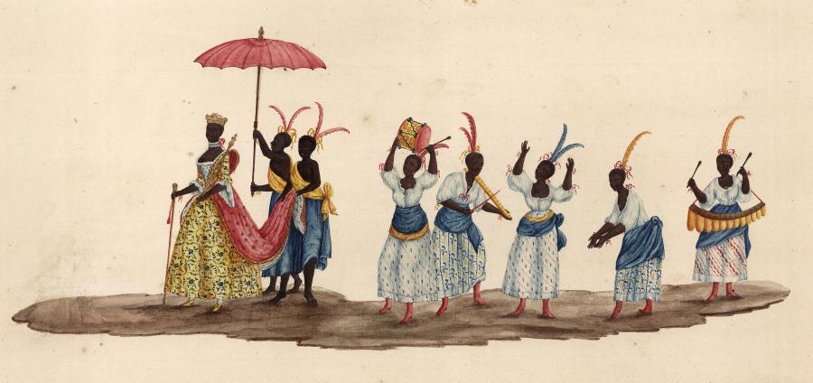 A crowned figure in a yellow dress under a parasol is followed by other figures in light colored dresses playing musical instruments.