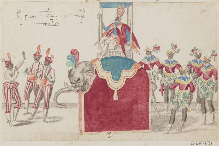 An illustration of a crowned figure seated in a chair on top of an elephant in regalia. Eight figures in costume surround the elephant as if in a procession.